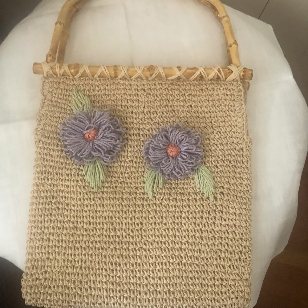 April Cornell Straw Handbag with Floral Design and Bamboo Handles